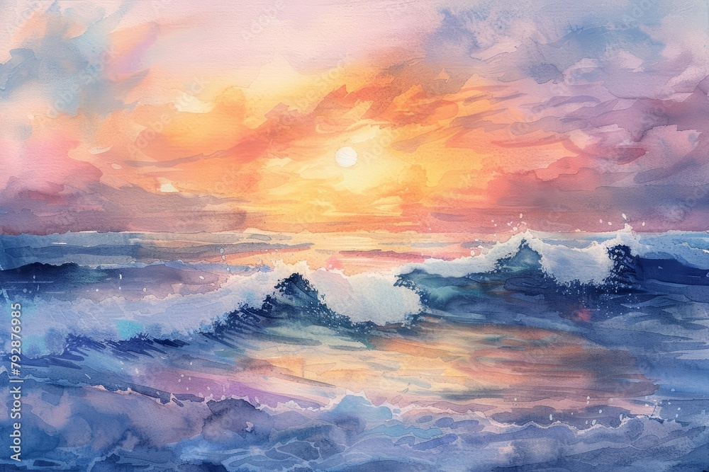 Delicate hues of a setting sun paint the horizon in a watercolor seascape, where gentle oranges and pinks meet the soft purples of the twilight sea