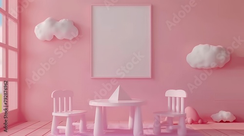 A child's playroom with a table and chair, a white poster and clouds on the wall. Modern realistic interior of an empty kindergarten or playroom with a pyramid on a pink desk. 3D mock-up of blank