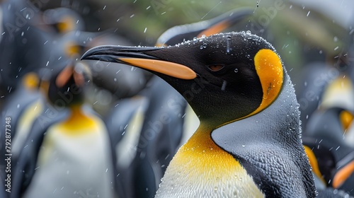 Elegant King Penguin in Natural Habitat During Raining Season. Vivid Wildlife Scene with Water Droplets. Close-Up of Wild Bird in Landscape. AI photo