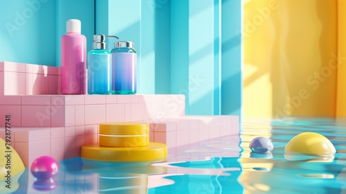 A 3D skincare product ad template with moisturizing essence displayed on vivid colored stairblocks in an interior pool design. photo