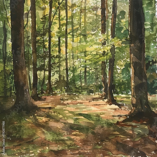 Light washes of green and brown depict a peaceful woodland scene  where dappled sunlight filters through the leaves  casting subtle shadows on the forest floor