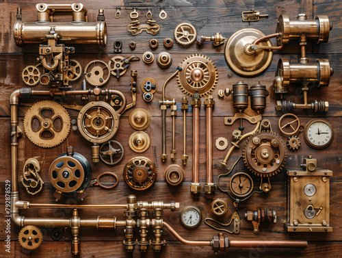Vintage Steampunk Mechanism Assortment with Gears and Gauges on Wooden Background © ABDULRAHMAN