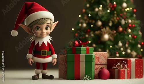 Christmas elf standing beside a large present