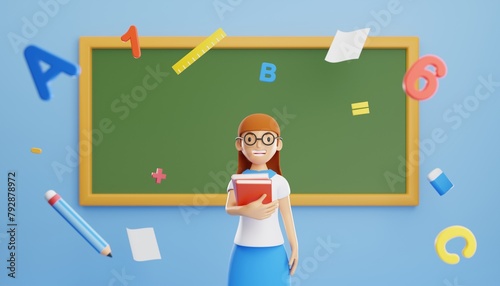 The teacher stands and holds a book  in classroom at school  with a blackboard behind her, surrounded by cartoon-style educational elements, including a desk, books, number,3d renderings.