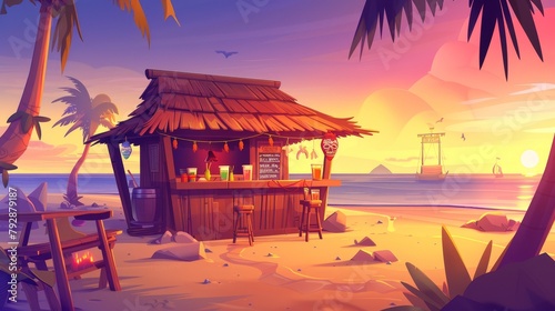 A tiki bar with a wooden hut, drinks and snacks on an exotic beach at sunset. Modern cartoon tropical landscape with ocean, palm trees, and cafe.