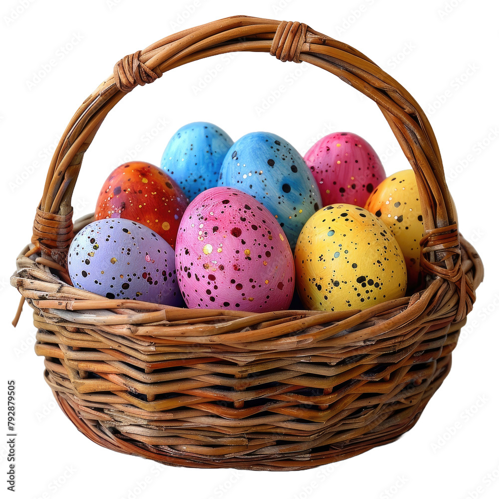 Happy Easter day colorful eggs in basket on Transparent Background.