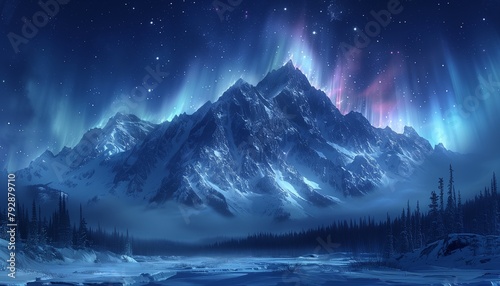 Night view of snowy mountains with beautiful pink aurora lights hitting the river. The sky is clear and you can see the stars. generative ai photo