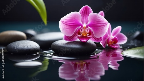Composition with spa stones, orchid pink flower on water reflect