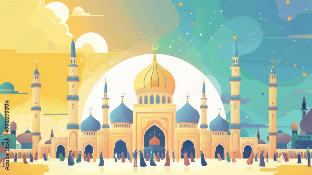 Happy Eid mubarak calligraphy, a flat design mosque, and people