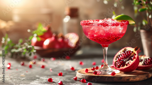 Savor the exquisite taste of a Pomegranate Margarita cocktail, expertly crafted and beautifully captured in professional cocktail photography. This enticing libation is presented in a minimalist glass photo