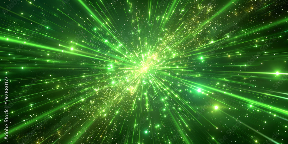 Fototapeta premium Green light burst speed montion background, green Explode particles freeze splash, gsuitable for futuristic, technology, or energy concept designs, banner, copy space, 