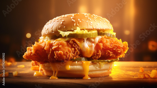 Cheesy chicken burger with melting slice, textured table, soft backlight, slight tilt photo