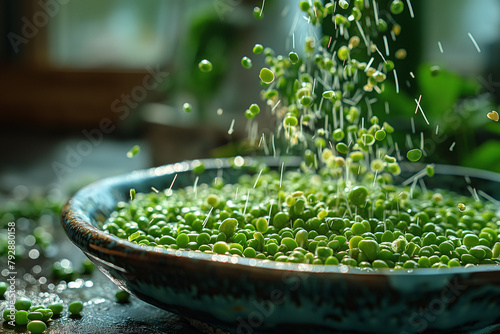Sprouted mush beans in clay plate under daylight. Selective focus. Copy space. Healthy food concept.. photo