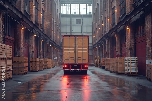 A truck driver skillfully backing up their trailer into a tight loading dock space at a busy warehouse