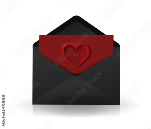 Vector envelope. Open black envelope with love invitation card. Valentine´s invitation card design. Realistic backpack envelope.