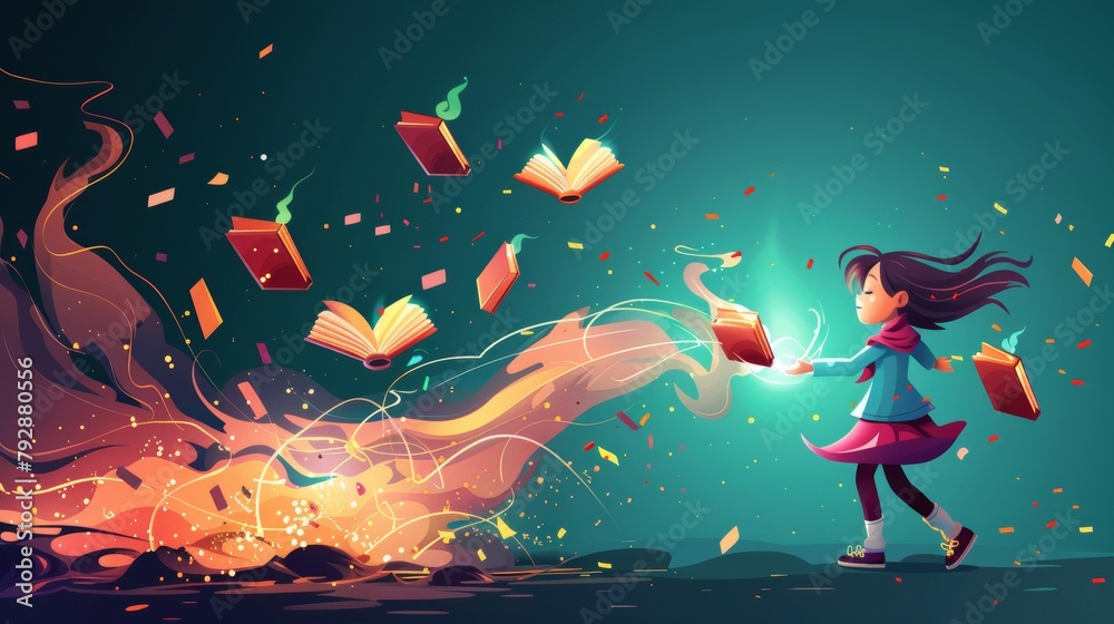 An illustration of a happy child character with flying books with magical glow and sparkles, isolated on a dark background. Modern cartoon fantasy illustration of a happy child character with flying
