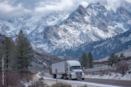 A trucker guiding their semi-truck through a challenging mountain pass, surrounded by rugged cliffs