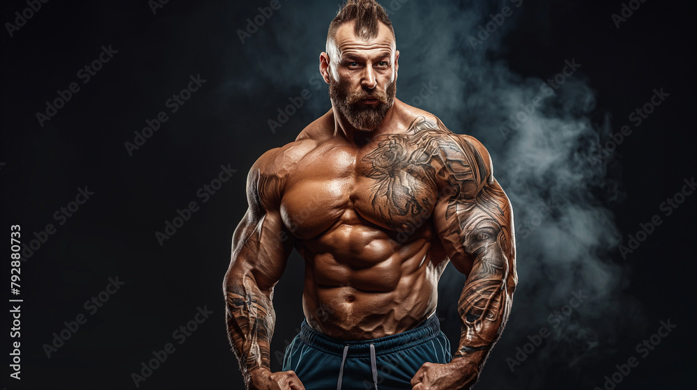 Muscular tattooed bodybuilder posing in dramatic lighting. Copy space. Generative AI