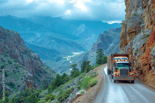 A trucker guiding their semi-truck through a challenging mountain pass, cliffs rising on one side and a sheer drop on the other