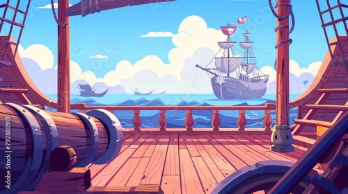 Onboard view of pirate ship deck, 2D adventure scene, wooden brigantine boat with cannon, buccaneer frigate with jolly roger flag on seascape, Cartoon illustration.