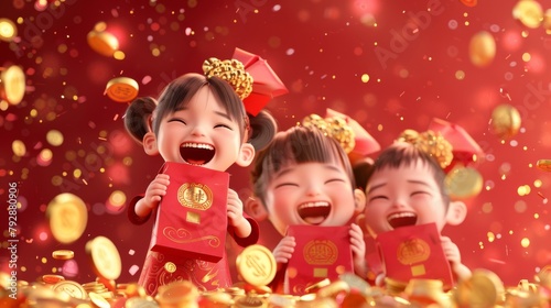 Golden coins fall from sky on red glitter background, showing children emerging from red packets, Chinese text translation: Happy Chinese New Year © Антон Сальников