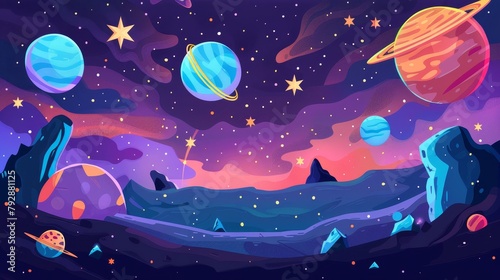 A modern parallax background for 2D game animation with cartoon illustration of cosmos and level platforms for a space game level map.