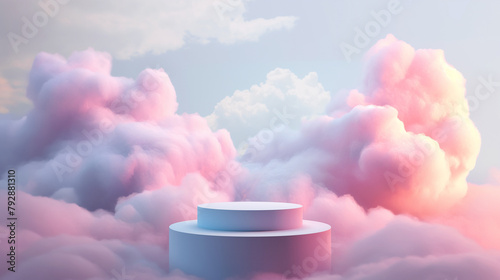 Dreamlike pastel clouds surrounding a cylindrical pedestal in a serene sky. Copy space. Generative AI photo