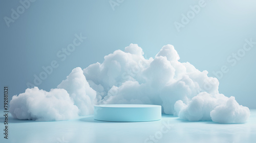 Fluffy white clouds surrounding a circular podium on a light blue background. Copy space. Generative AI