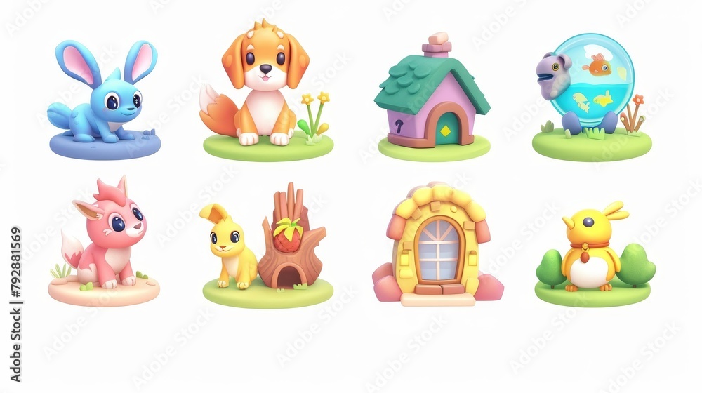 Cartoon illustration with pets and their homes, a puppy with a booth, a rabbit with a burrow, a goldfish with an aquarium, a canary with a nest, and a birdhouse with a canary. Cartoon illustration with pets and their homes, a puppy with a booth, a rabbit with a burrow, a goldfish with an aquarium, a canary with a nest, and a birdhouse with a canary.