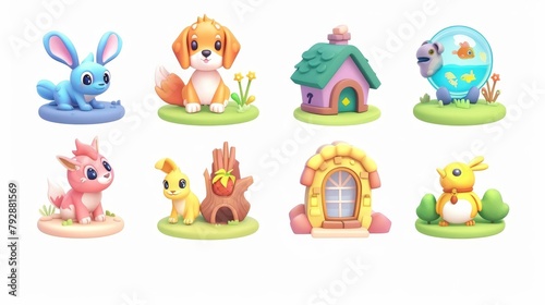 Cartoon illustration with pets and their homes, a puppy with a booth, a rabbit with a burrow, a goldfish with an aquarium, a canary with a nest, and a birdhouse with a canary.