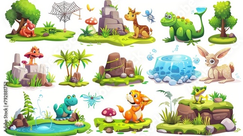 Animals with habitats, a spider web, golden fish, and an aquarium. Modern cartoon set of cute wild animals with their habitats, frogs, ponds, rabbits, and burrows on white.