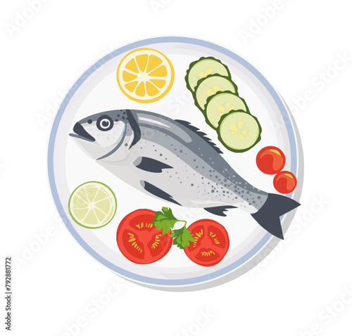 Fried fish on white plate with lemon and vegetables. 