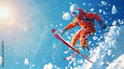 Detailed illustration of an alpine skier jumping in the air under the blue sky with splashing snow, from a low angle photo