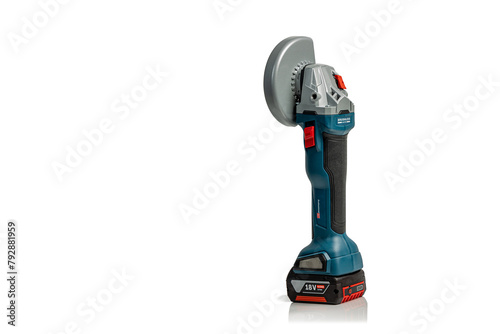 Cordless angle grinder power tool with 18V battery pack, isolated on a white background with copy space;.