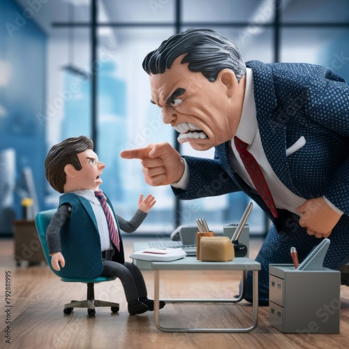 Angry aggressive boss arguing with office worker, illustrative puppet scene
