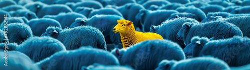 A vibrant yellow sheep stands out in a crowd of identical blue sheep, symbolizing individuality, uniqueness, and the courage to be different, created with generative AI technology photo
