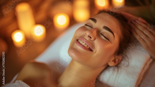 Beautiful woman getting face massage in beauty spa. Girl with closed eyes relaxing spa while getting head massage