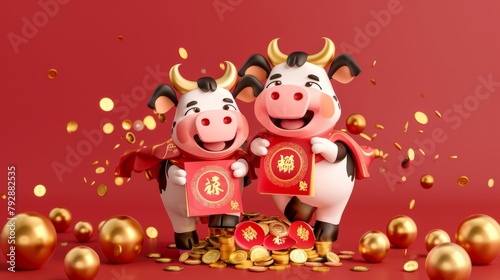 Happy Chinese New Year in 2021. Cute cows holding enormous red packets on pile of money.