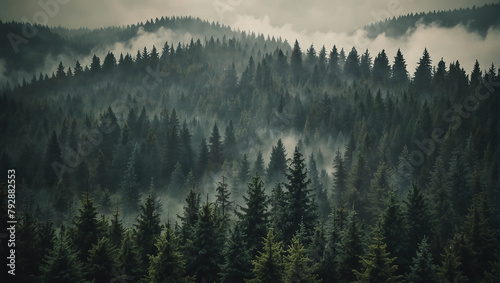 an image of a foggy forest from above. The trees are mostly green, and the fog is white.