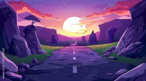 Nature landscape with the sun behind the rocks, purple sky, and red clouds. Empty asphalted highway going to rocks, perspective view, Cartoon modern illustration. photo