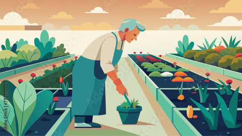 A photograph of a small garden with a variety of colorful flowers and vegetables growing in neat rows. In the background a senior patient can