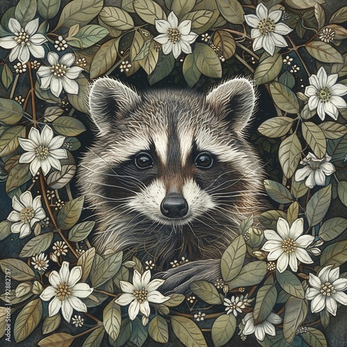 A curious raccoon among nightblooming jasmine, depicted in watercolor and ink on white photo