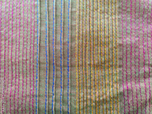 Grey cotton fabric with pink and yellow color stitching, blue color pintucks