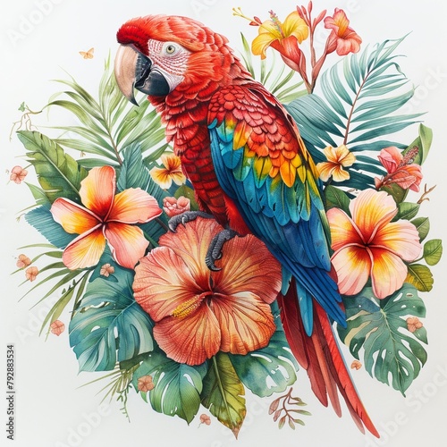 Vibrant parrot among tropical flowers, illustrated in watercolor with detailed handdrawing on white photo