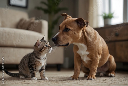 American Stafford-shire Terrier Dog Playing With Cute Little Kitten, 8K Photo - Generative AI © JH Virtuell