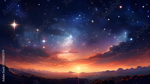 Mountain landscape with stars and nebula at sunrise