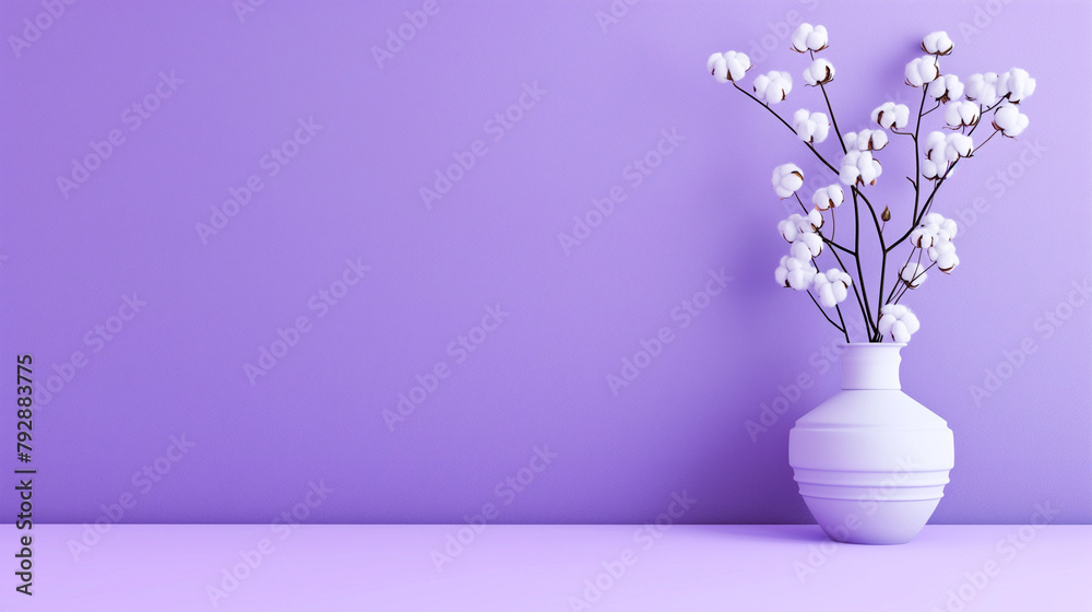 Minimalist purple background with white vase and cotton branches. Copy space. Generative AI Minimalist purple background with white vase and cotton branches. Copy space. Generative AI