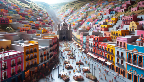 ジオラマ模型の南米のカラフルな街