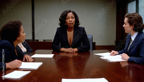 Office Business Meeting Photo of a Confident African American Female Manager in Professional Workplace Environment, Female Influence Making a Difference in Business and Economy photo