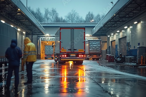 An experienced trucker skillfully reversing their semi-truck into a tight loading dock space, guided by a ground crew member photo